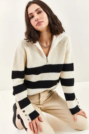 Bianco Lucci Rollkragenpullover Mit Reißverschluss, Dicken Gestreiften Ärmeln, Knöpfen Und Detailliertem Strickpullover für Damen - Standard