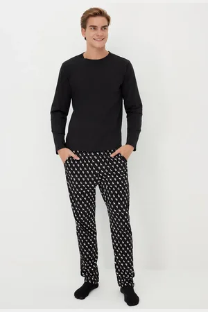 Trendyol Schwarzes Bedrucktes Strick-pyjama-set Mit Normaler Passform – 100 % Baumwolle für Herren - M