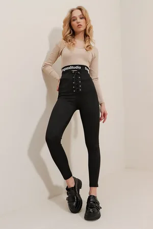 Trend Alacati stili Schwarze, Matt Strukturierte Leggings Mit Hoher Taille Und Schnürung für Damen - L