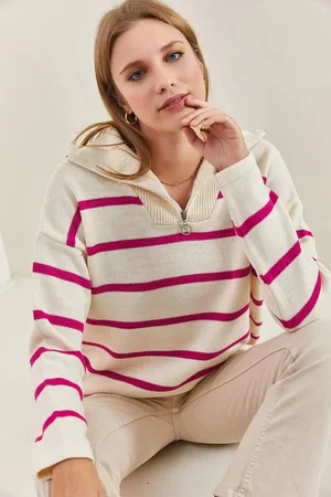 Bianco Lucci Gestreifter Strickpullover Mit Rollkragen Und Reißverschluss für Damen - Standard