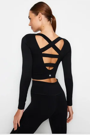 Trendyol Schwarzes Nahtloses/nahtloses Rücken- Und Reflektor-print-detail, Kurzes Gestricktes Sport-top/bluse für Damen - M/L