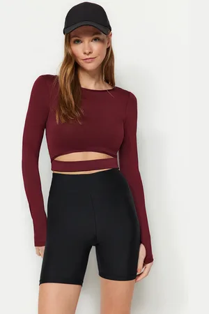 Trendyol Weinrotes Crop-fenster/ausschnitt Und Daumenloch, Detailliertes Gestricktes Sport-top/bluse für Damen - S