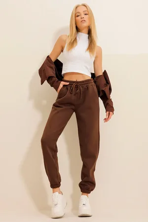 Trend Alacati stili Braune 3-faden-jogginghose Mit Hohem Bund für Damen - S