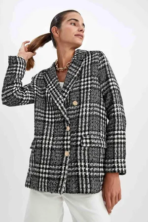 DeFacto Übergroße, Strukturierte Tweed-blazerjacke Mit Hahnentrittmuster für Damen - 38