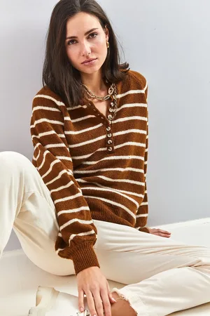 Bianco Lucci Gestreifter Strickpullover Mit Rollkragen Und Geknöpftem Kragen für Damen - Standard