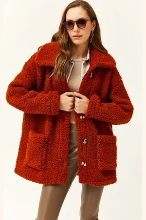 Olalook Ziegelrote, Geknöpfte, Ungefütterte Oversize-plüschjacke für Damen - Standard