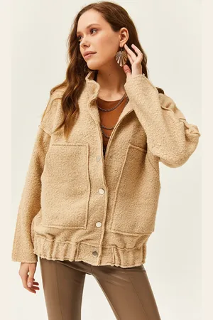 Olalook Oversize-bouclé-bomberjacke Mit Druckknopfverschluss Und Taschendetail für Damen - S