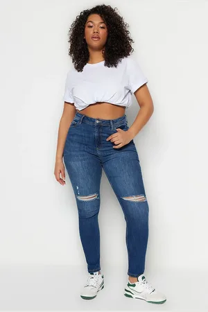 Trendyol Dunkelblaue, Dehnbare Skinny-jeans Mit Hoher Taille Und Destroy-details für Damen - 46