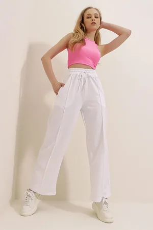 Trend Alacati stili Weiße Jogginghose Mit Hoher Taille, Weitem Bein Und Zwei Taschen für Damen - XL