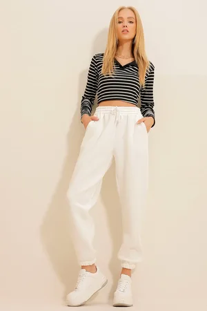 Trend Alacati stili Weiße Jogginghose Mit 3-fädigem Rippenmuster für Damen - XL
