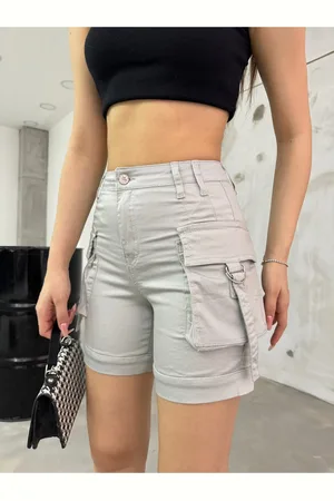 BİKELİFE Stretch-jeansshorts Mit Hoher Taille Und Steinernen Cargotaschen für Damen - XS