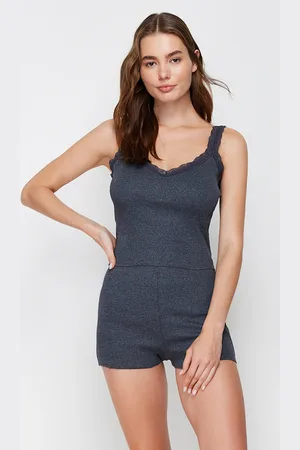 Trendyol Geripptes Pyjama-set Aus Anthrazitfarbener Baumwolle Mit Spitze – für Damen - S
