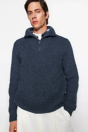 Trendyol Rollkragenpullover Aus Indigo-strick – Wolle, Reißverschluss, Normale Passform für Herren - S