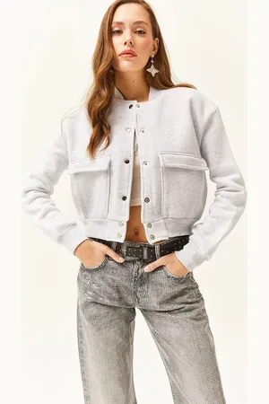Olalook Graue Kurze Jacke Mit Druckknopfverschluss Und Fleece-innenseite für Damen - L