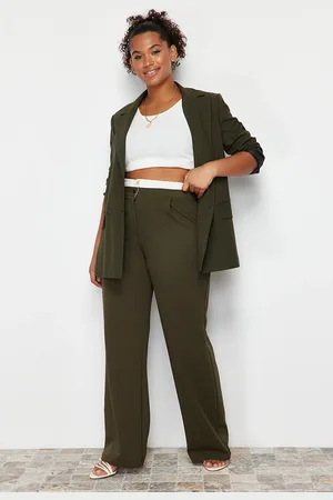 Trendyol Khakifarbene Strickhose Mit Hoher Taille – Popeline-details, Weites Bein, Übergröße für Damen - XL