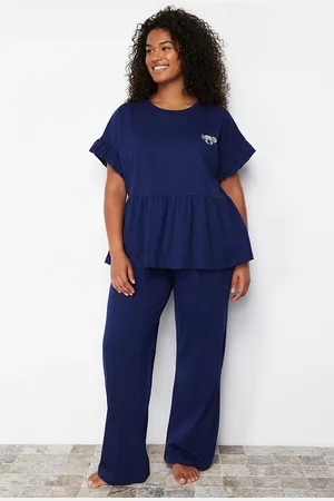 Trendyol Marineblaues Pyjama-set Aus Strick Mit Besticktem Volant für Damen - XL