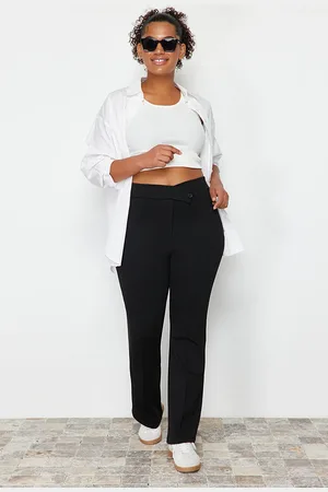 Trendyol Schwarze Hose Mit Asymmetrischer Taille In Übergröße, 100 % Baumwolle – für Damen - 3XL