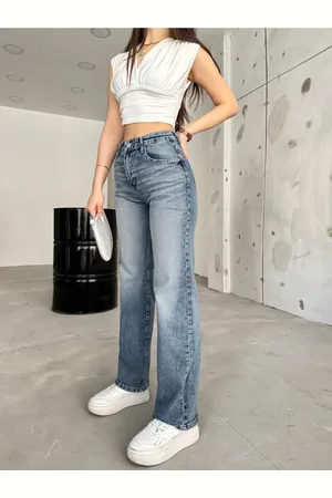 BİKELİFE Hellblaue, Verwaschene Lycra-jeans Mit Hoher Taille Und Weitem Bein für Damen - 42