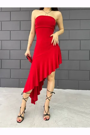 BİKELİFE Trägerloses Kleid Mit Asymmetrischem Schnitt Und Rüschendetail für Damen - L