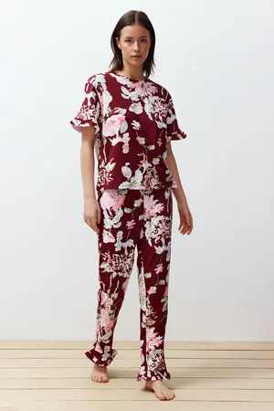 Trendyol Burgunderrotes Pyjama-set Mit Rüschen Und Blumenmuster Aus 100 % Baumwolle – für Damen - S