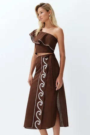 Trendyol Braunes Strandblusen-effekt-set Aus 100 % Baumwolle Mit Volant, One-shoulder-volant für Damen - 36