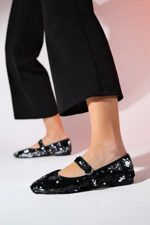 LuviShoes Vesla Schwarze Flache Ballerinas Mit Pailletten für Damen - 37