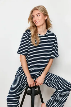 Trendyol Marineblau-weiß Gestreiftes Pyjama-set Aus Geripptem Baumwollstrick für Damen - XS