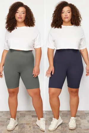 Trendyol Biker-leggings Mit Hoher Taille – Marineblau/khaki, Kurze Länge, Gerippt Gestrickt, Große Größe, 2er-pack für Damen - 2XL