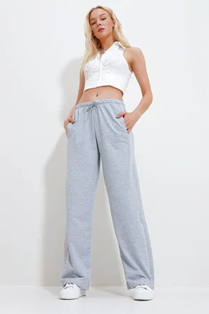 Trend Alacati stili Graue Jogginghose Mit Doppelten Seitlichen Taschen, Gerippt Und Weitem Bein für Damen - L