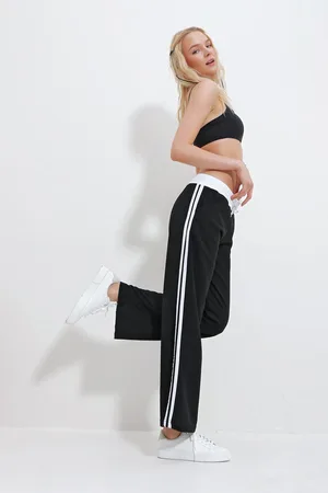 Trend Alacati stili Schwarze Pazalazzo-jogginghose Mit Elastischem Bund Und Doppeltem Streifen für Damen - L