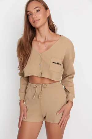 Trendyol Beigefarbenes, Mit Slogan Besticktes, Geripptes Strick-pyjama-set für Damen - M