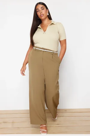 Trendyol Offene, Khakifarbene, Hoch Taillierte, Weit Geschnittene, Plissierte Webhose Mit Weitem Bein für Damen - 52