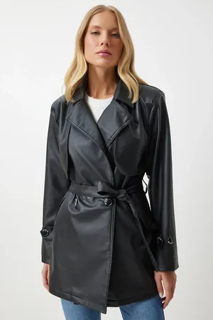Happiness istanbul Schwarzer Trenchcoat Aus Kunstleder Mit Zweireihigem Kragen Und Kurzem Schnitt für Damen - 38