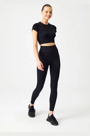 LOS OJOS Schwarze Nahtlose Recovery-sport-leggings Mit Hoher Taille Und Streifen für Damen - L