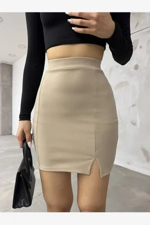 BİKELİFE Beigefarbener Minirock Mit Hoher Taille Und Schlitzdetail für Damen - M
