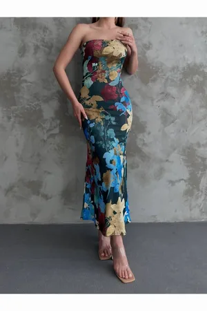 BİKELİFE Trägerloses Midikleid Mit Blumenmuster für Damen - S