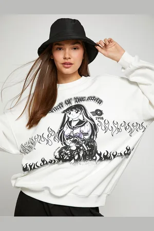 Koton Anime-sweatshirt, Übergröße, Rundhalsausschnitt, Lange Ärmel, Mit Fleece-innenseite für Damen - XL