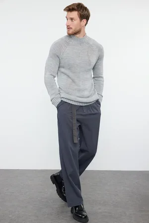 Trendyol Grauer Slim-fit-strickpullover Mit Raglanärmeln – Halber Rollkragenpullover für Herren - L