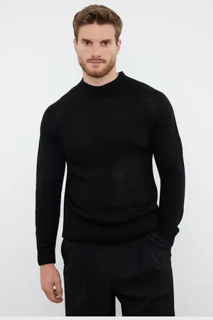 Trendyol Schwarzer Slim-fit Slim-fit-pullover Mit Halbem Rollkragen Und Raglanärmeln, Basic-strickpullover für Herren - L