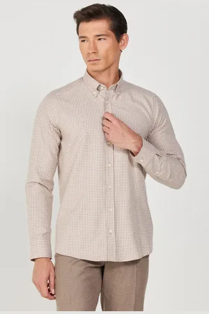 Altınyıldız Classics Beige-weißes Slim Fit-hemd Aus Baumwolle Mit Karomuster Und Geknöpftem Kragen für Herren - L