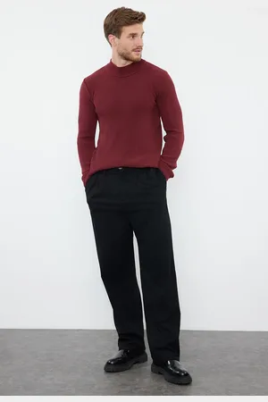 Trendyol Unisex-pullover Aus Geripptem Strick In Burgunderrot – Schmale Passform, Baumwolle, Halber Rollkragenpullover für Herren - M