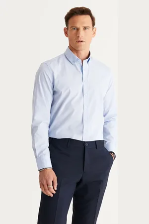Altınyıldız Classics Hellblaues Slim-fit-hemd Mit Knopfkragen Und Muster für Herren - L