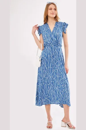 armonika Indigo Midikleid , Zweireihig, Kragen, Schulter, Rüschendetail, Elastische Taille, Midilänge für Damen - S