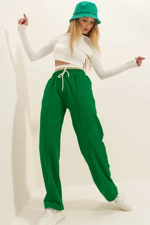 Trend Alacati stili Dunkelgrüne Jogginghose Mit Hoher Taille Und Dichtung Doppeltasche, Weites Bein für Damen - XL