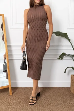 armonika Braunes Bleistiftkleid Mit Rückenschlitz Und Neckholder-kragen für Damen - XL