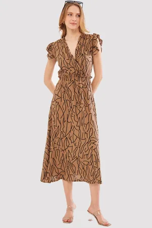 armonika Kleid In Nerz-midi, Zweireihig, Kragen, Schulter, Rüschendetails, Elastische Taille, Midi-länge für Damen - S