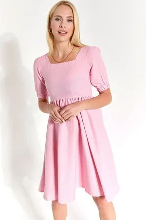 armonika Midikleid Mit Puder Vorne Und Eckigem Ausschnitt, Wassermelonenärmeln für Damen - M
