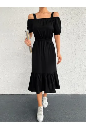 armonika Schwarzes Kleid Mit Elastischem Taillenträger für Damen - M