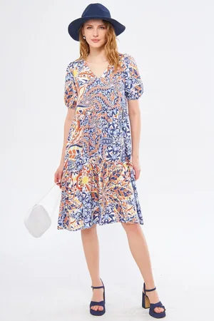 armonika Oranges Kleid Mit V-ausschnitt Und Kurzen Ärmeln Und Gemustertem Rüschenmuster für Damen - M
