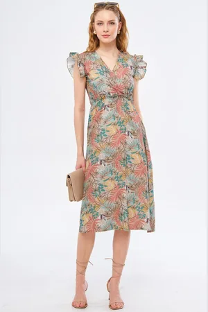 armonika Beiges Midikleid , Zweireihig, Kragen, Schulter, Rüschendetails, Elastische Taille, Midilänge für Damen - S